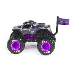 Monster Jam Black Panther 1:64 tire detail reveals realistic BKT tires and rugged texture.