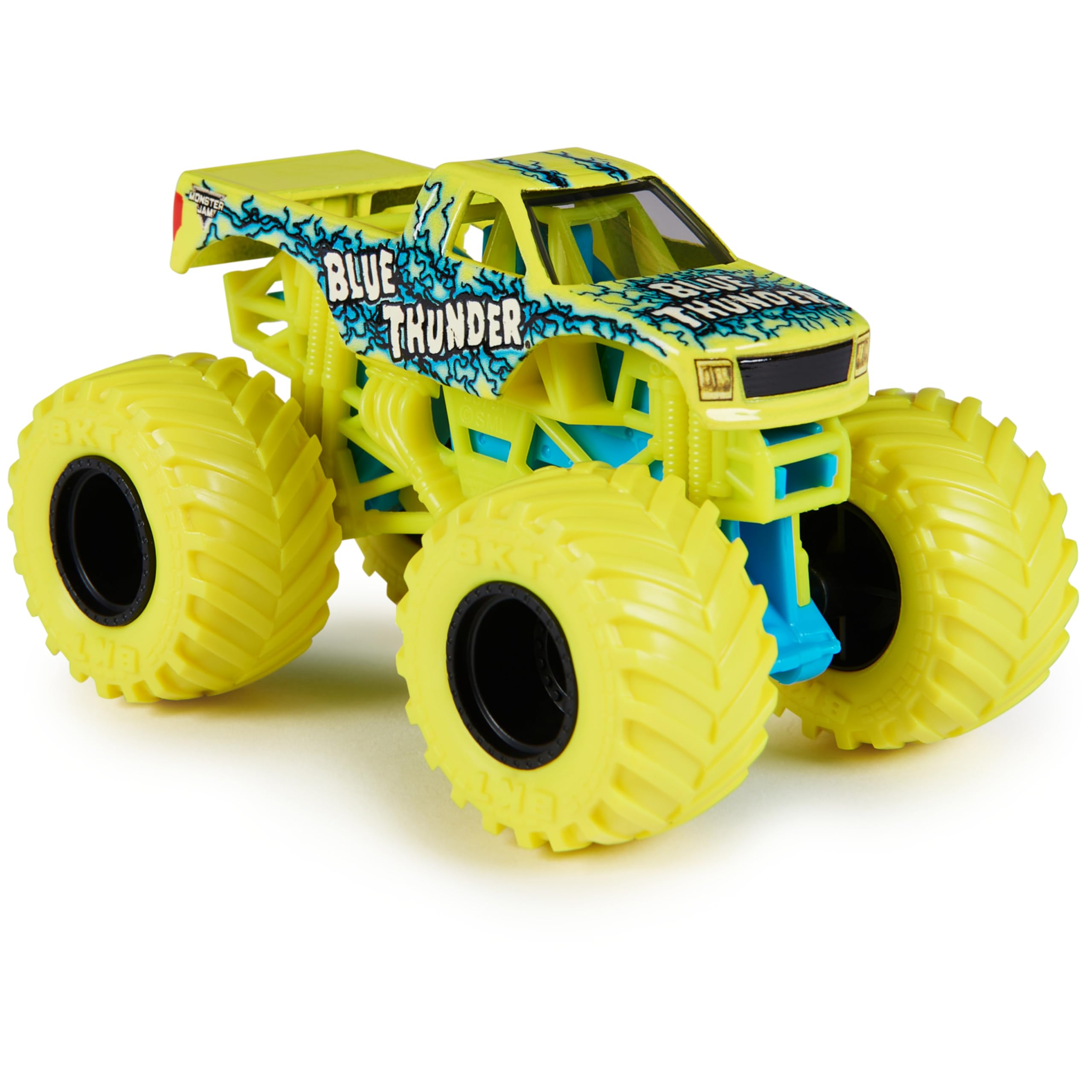 Official BKT tires and stylized rims on Blue Thunder boost durability during rough play.
