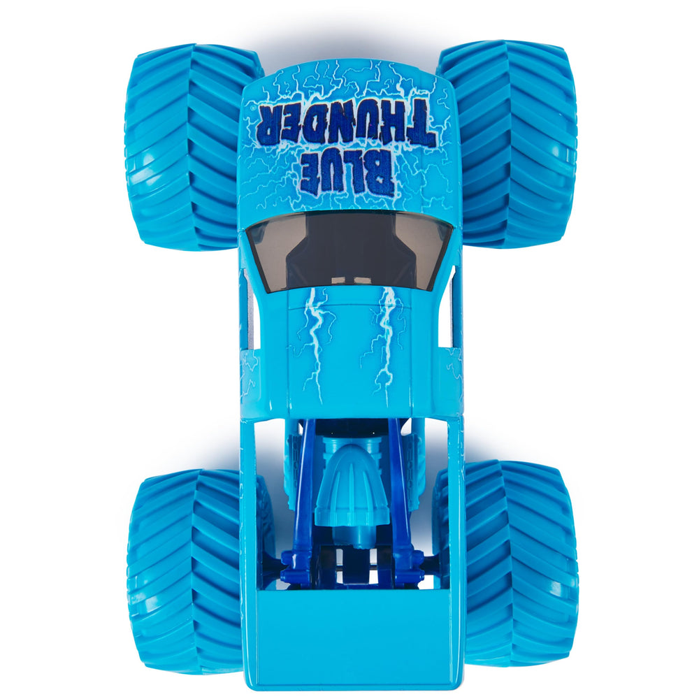 Monster Jam Blue Thunder working suspension cushions landings during high-action stunts.