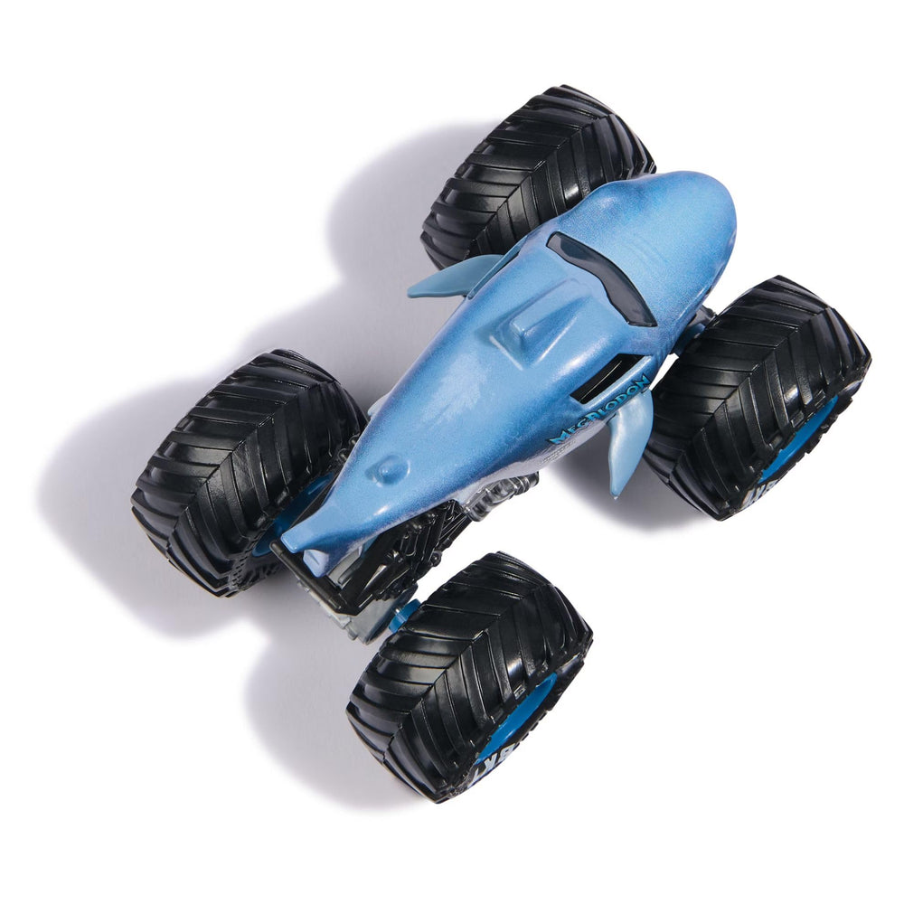 Monster Jam Champion Collection box stacks with Megalodon trucks for easy display.