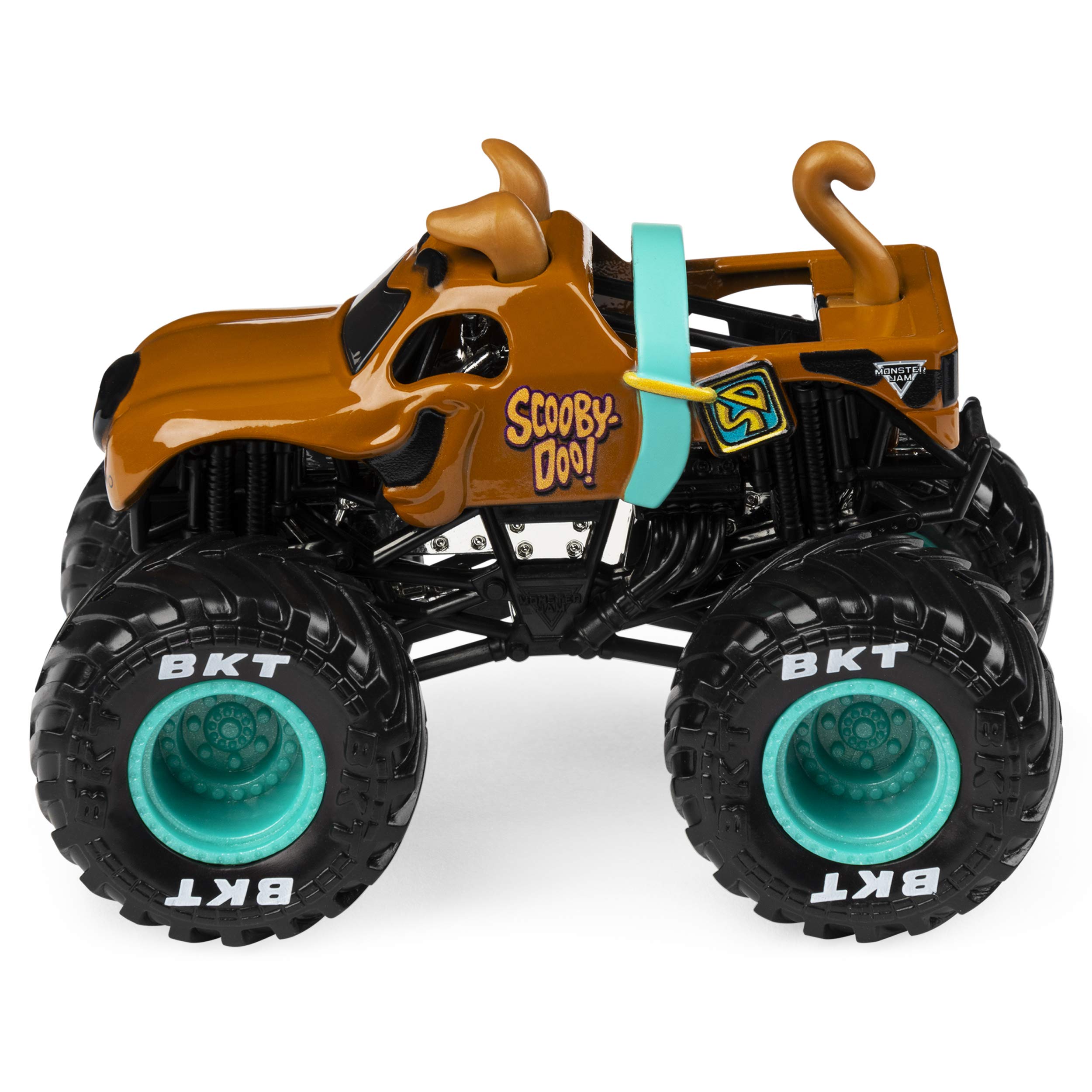 Monster Jam chrome rims and chassis detailing shine under light for authentic look.