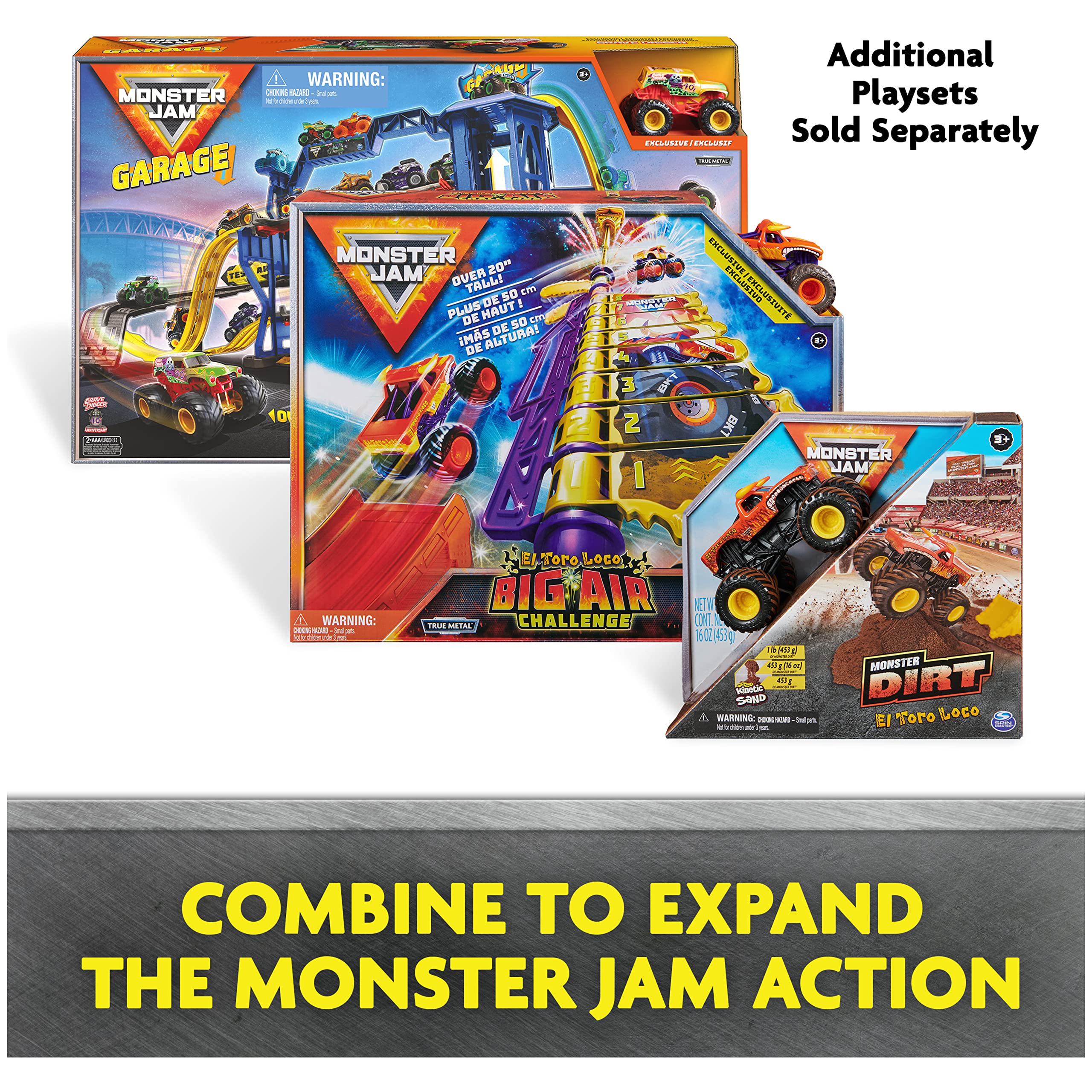 Collectible Monster Jam trucks pair with Grave Digger and El Toro Loco.