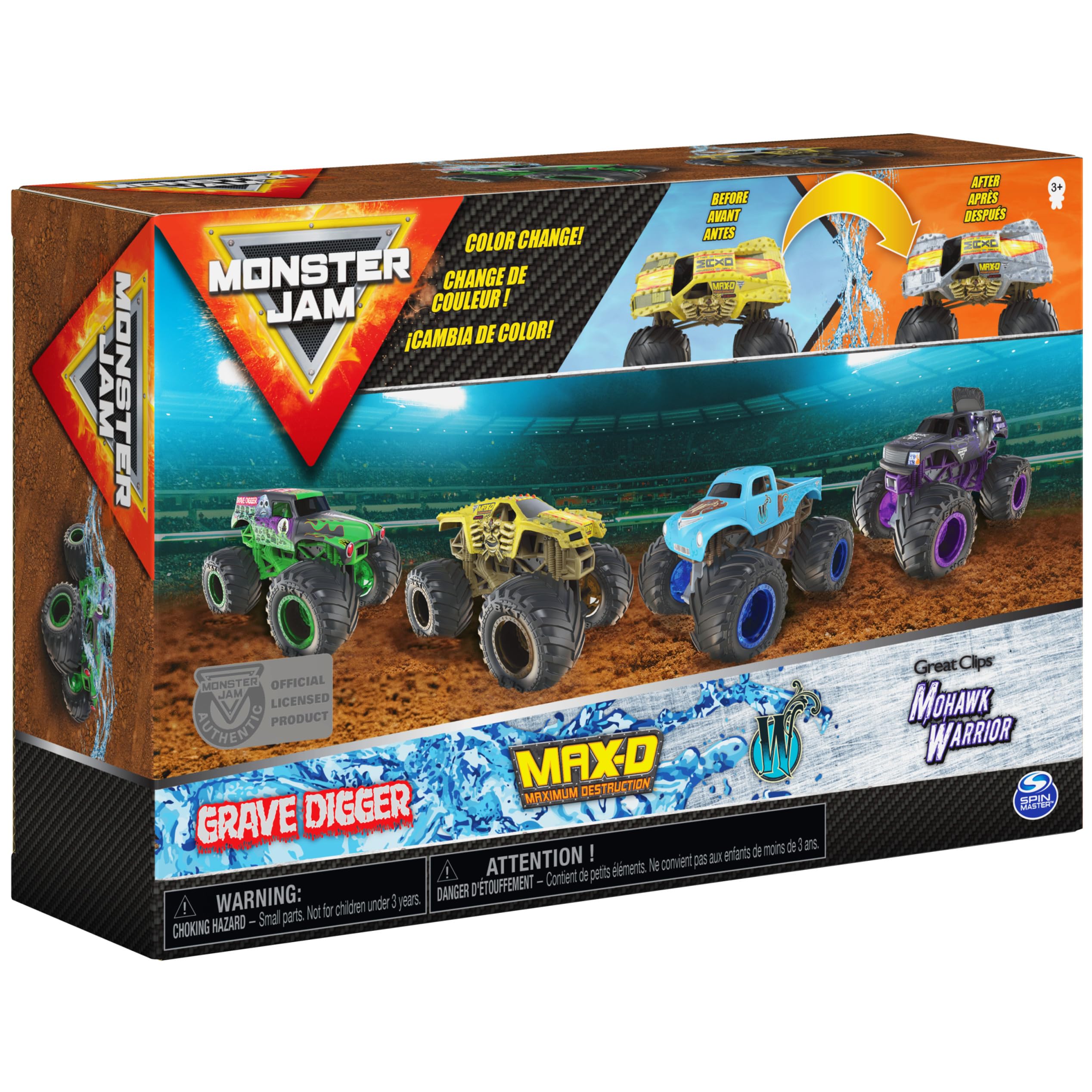 Monster Jam color-change action image showing warm water dunk and color reveal.