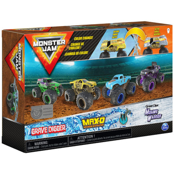 Monster Jam color-change action image showing warm water dunk and color reveal.