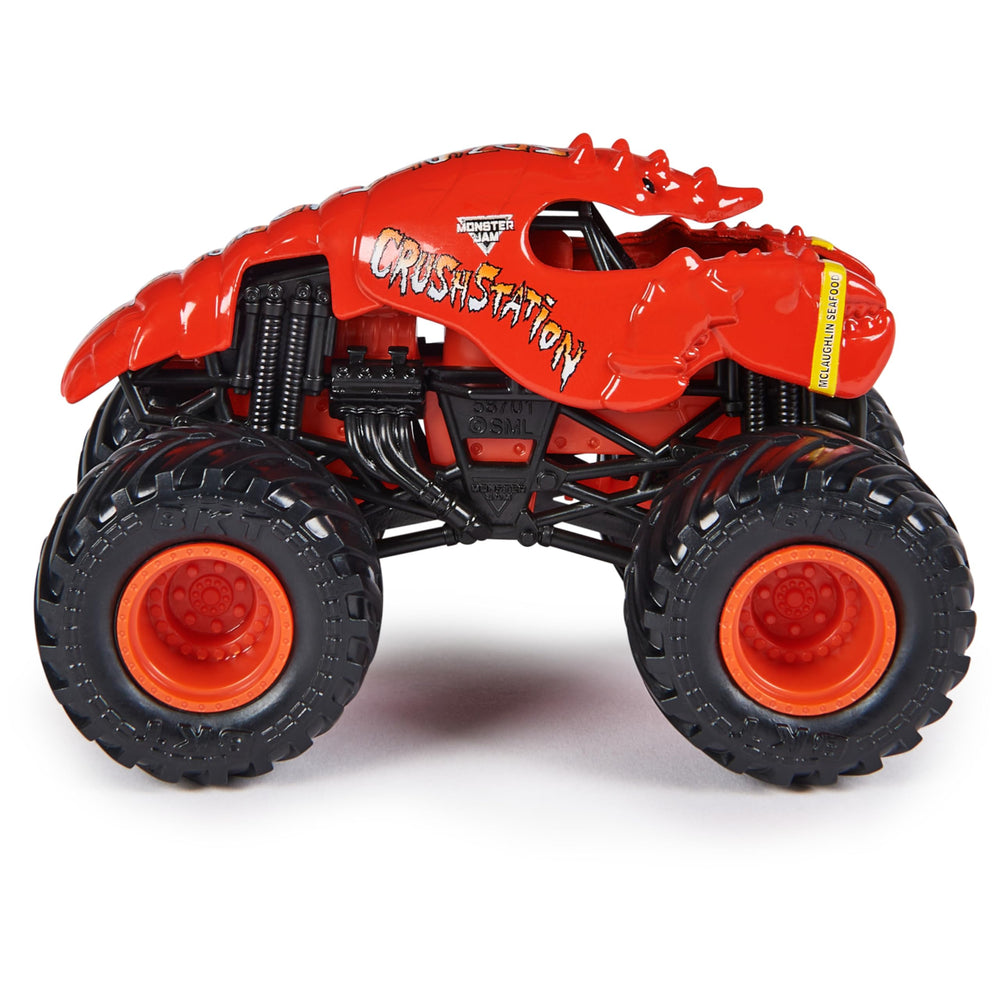 Monster Jam Crushstation die-cast with chrome rims and authentic graphics.