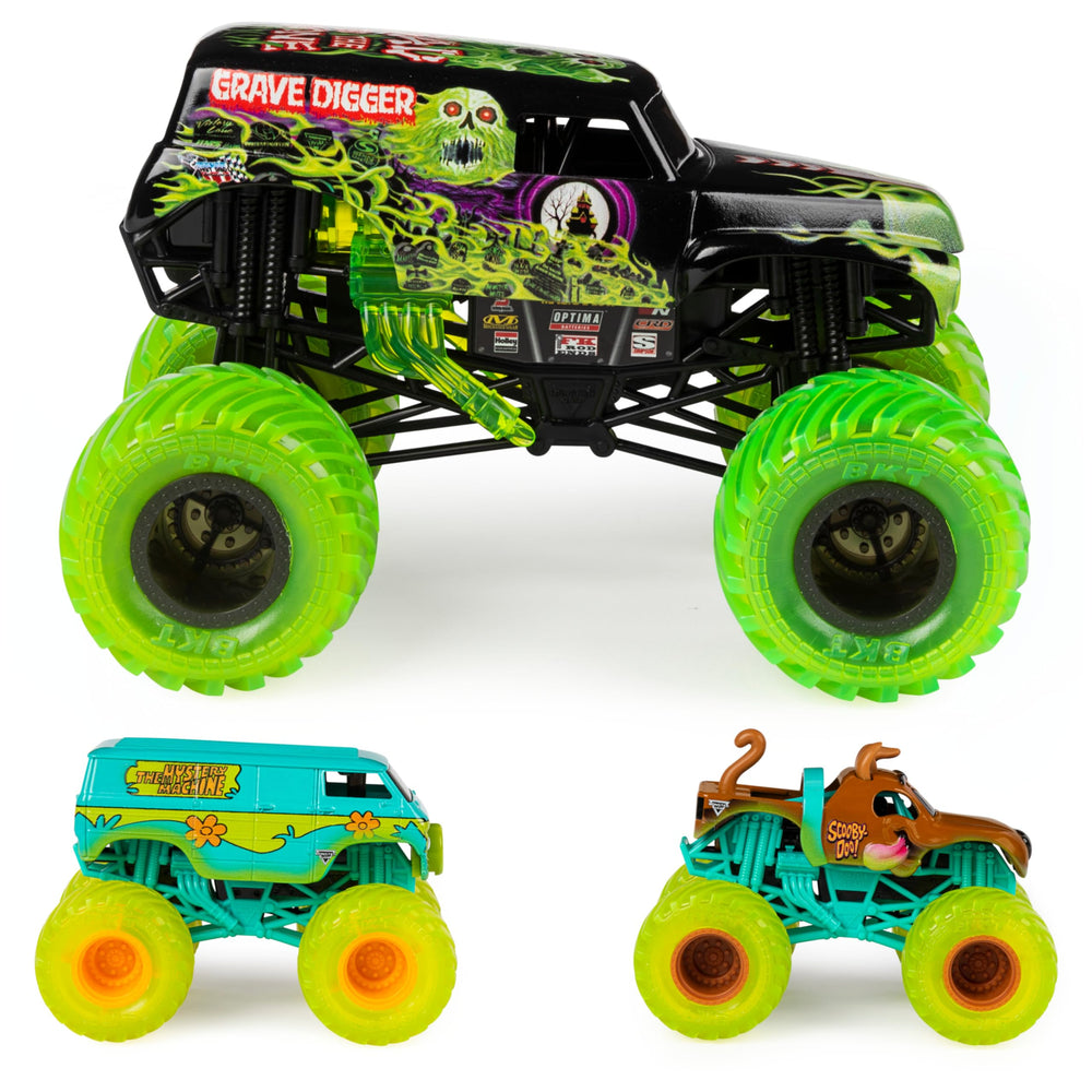 Monster Jam Curse of the Gasoline Grave Digger 1:24 scale truck with authentic graphics for display.
