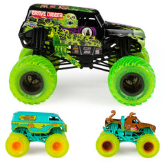 Monster Jam Curse of the Gasoline Grave Digger 1:24 scale truck with authentic graphics for display.
