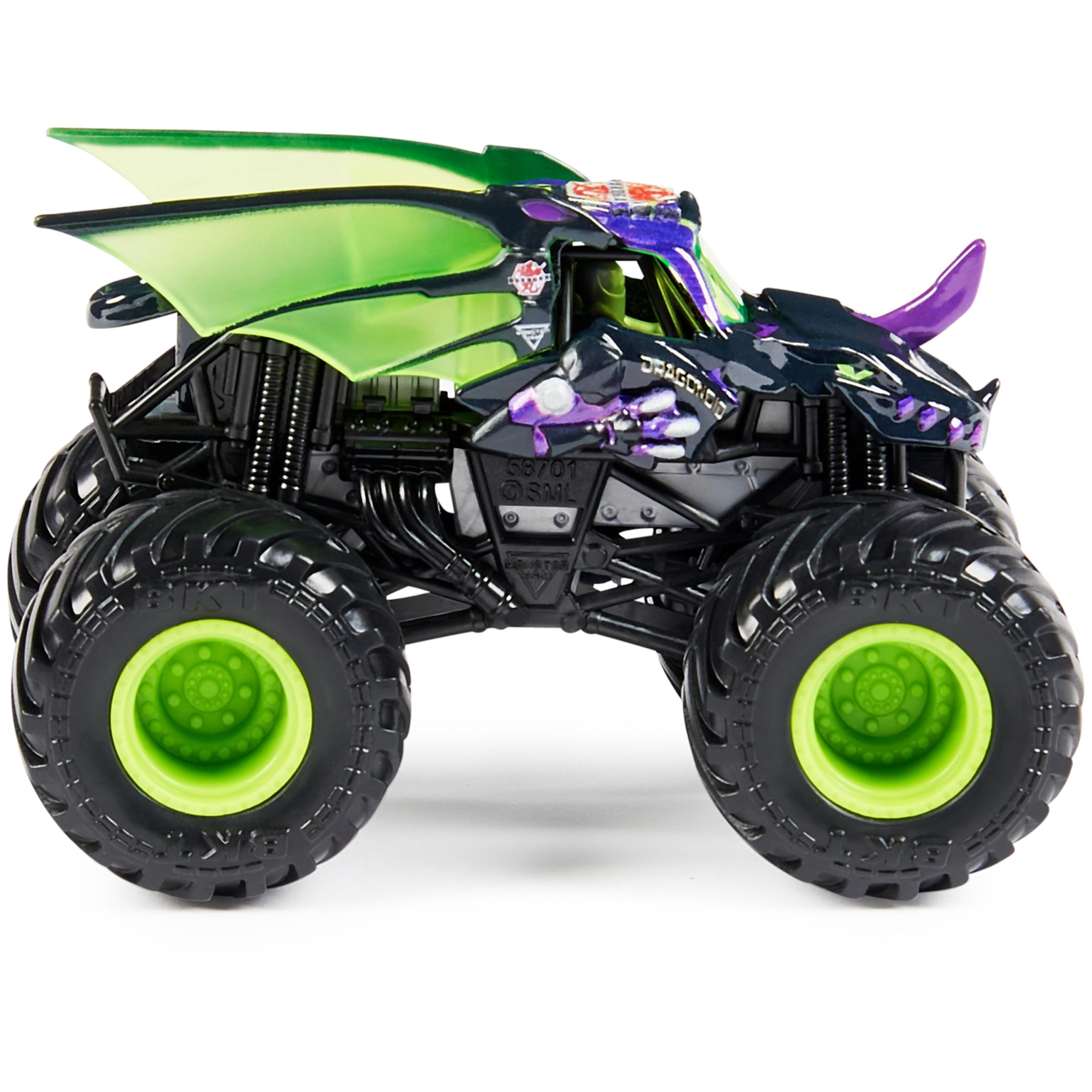 Close-up of bold Monster Jam graphics on a 1:64 scale truck