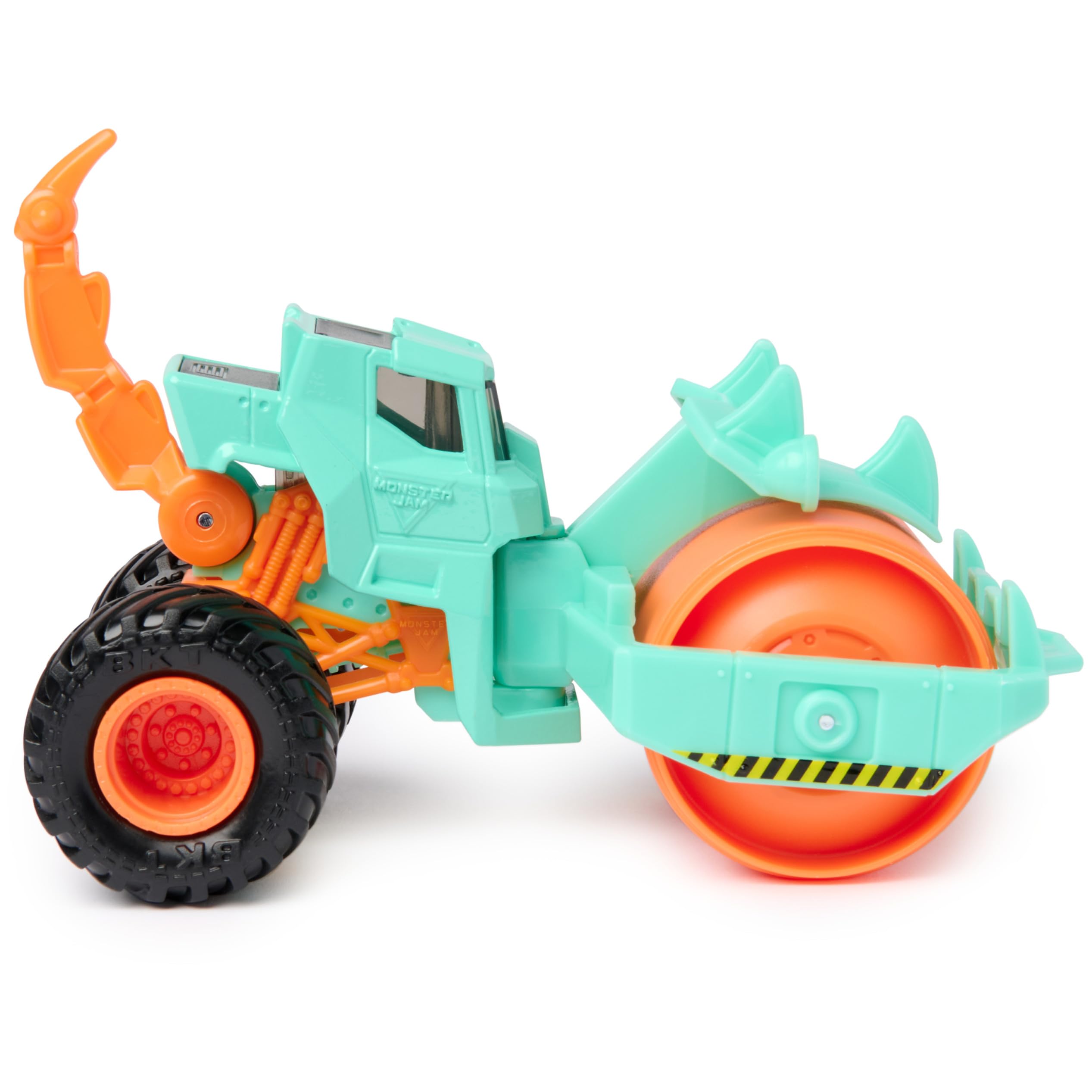 Monster Jam Dirt Squad dump truck tail hook enables tow-and-recover play.