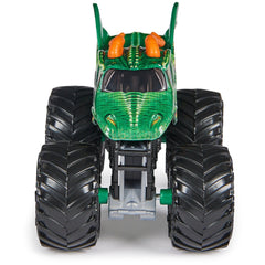 Monster Jam Dragon 1:64 diecast highlighting a styled chassis for authentic presentation.
