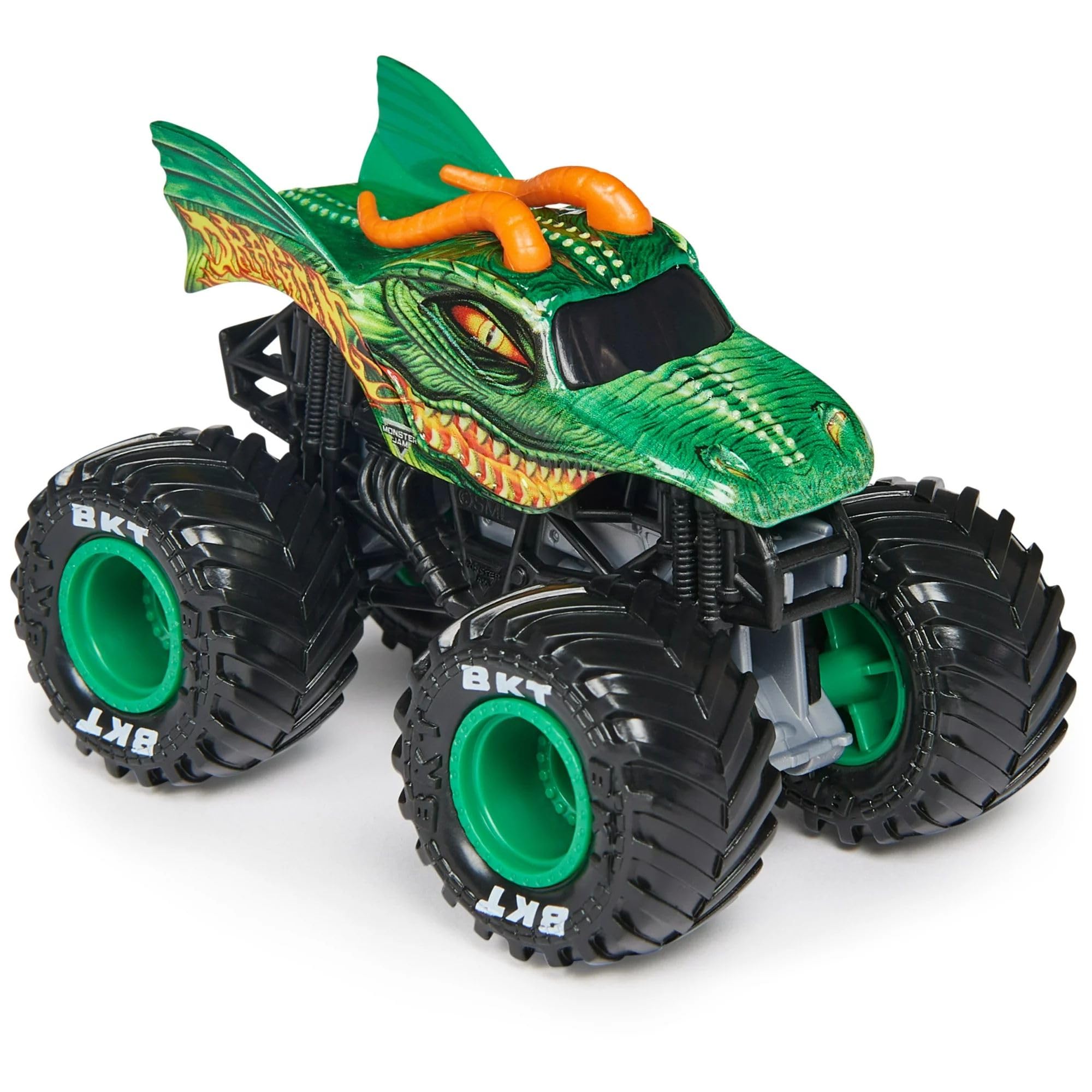 Monster Jam Dragon 1:64 diecast truck showing detailed graphics for collectors.
