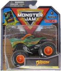 Monster Jam Dragon 1:64-scale die-cast truck with collectible card for display and collection.
