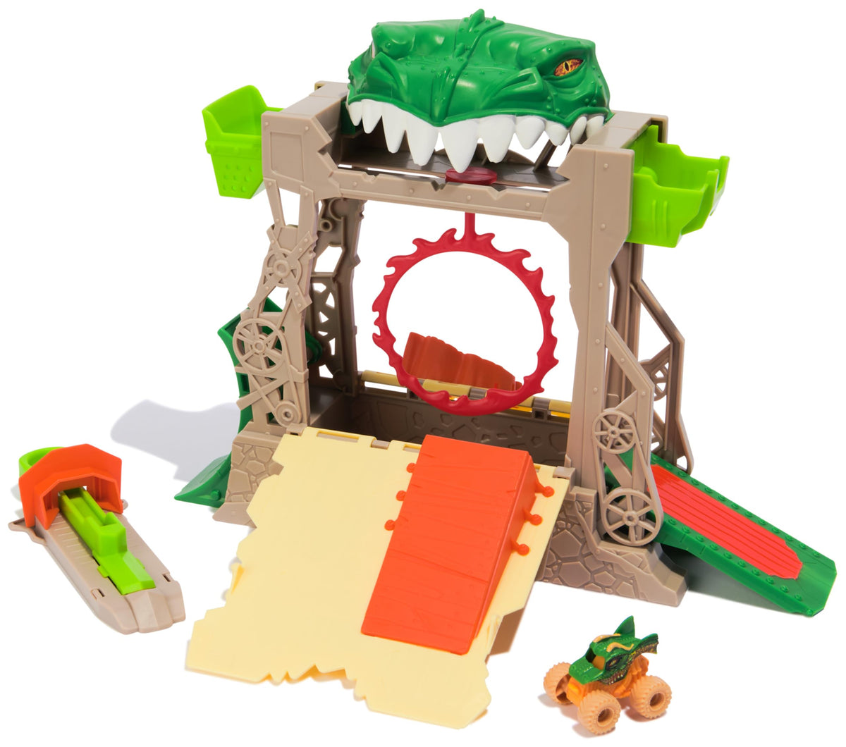 Monster Jam Dragon Dungeon of Doom playset front view with immersive graphics for imaginative play.