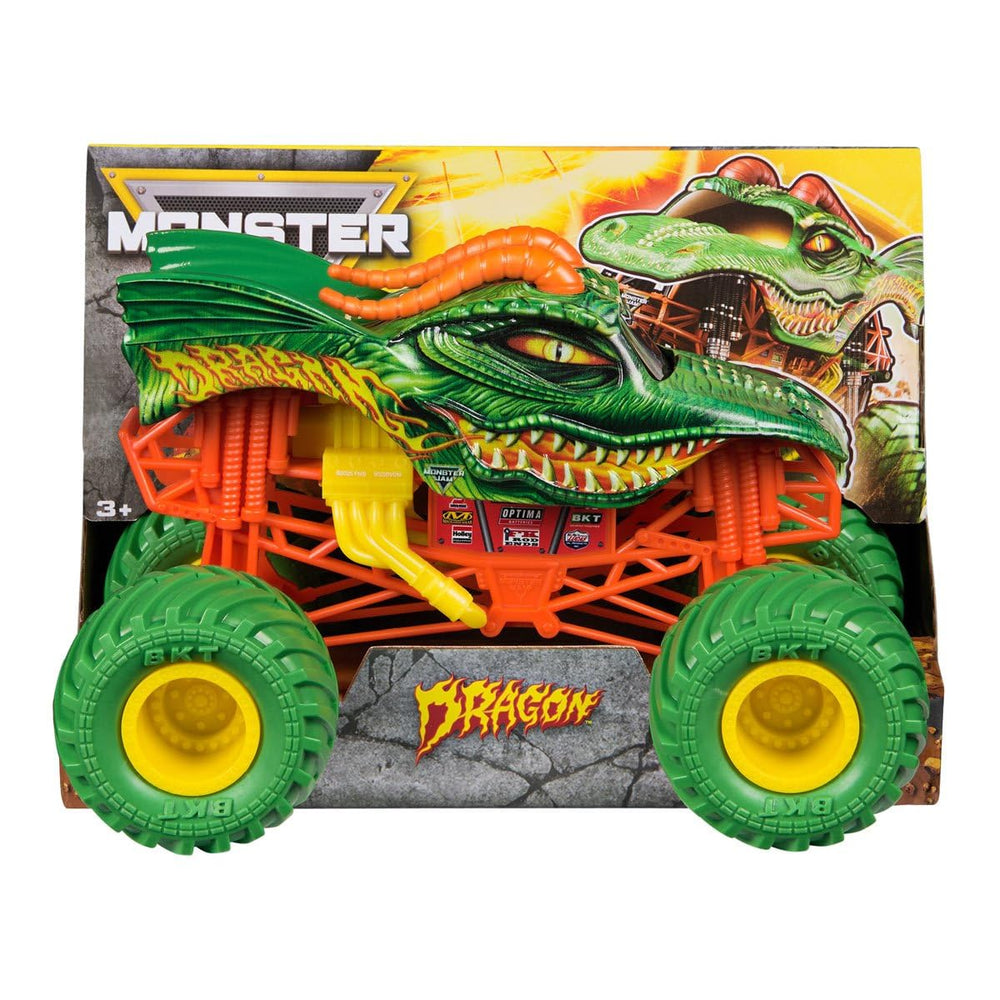 Monster Jam Dragon 1:24 die-cast truck with authentic graphics for display and play