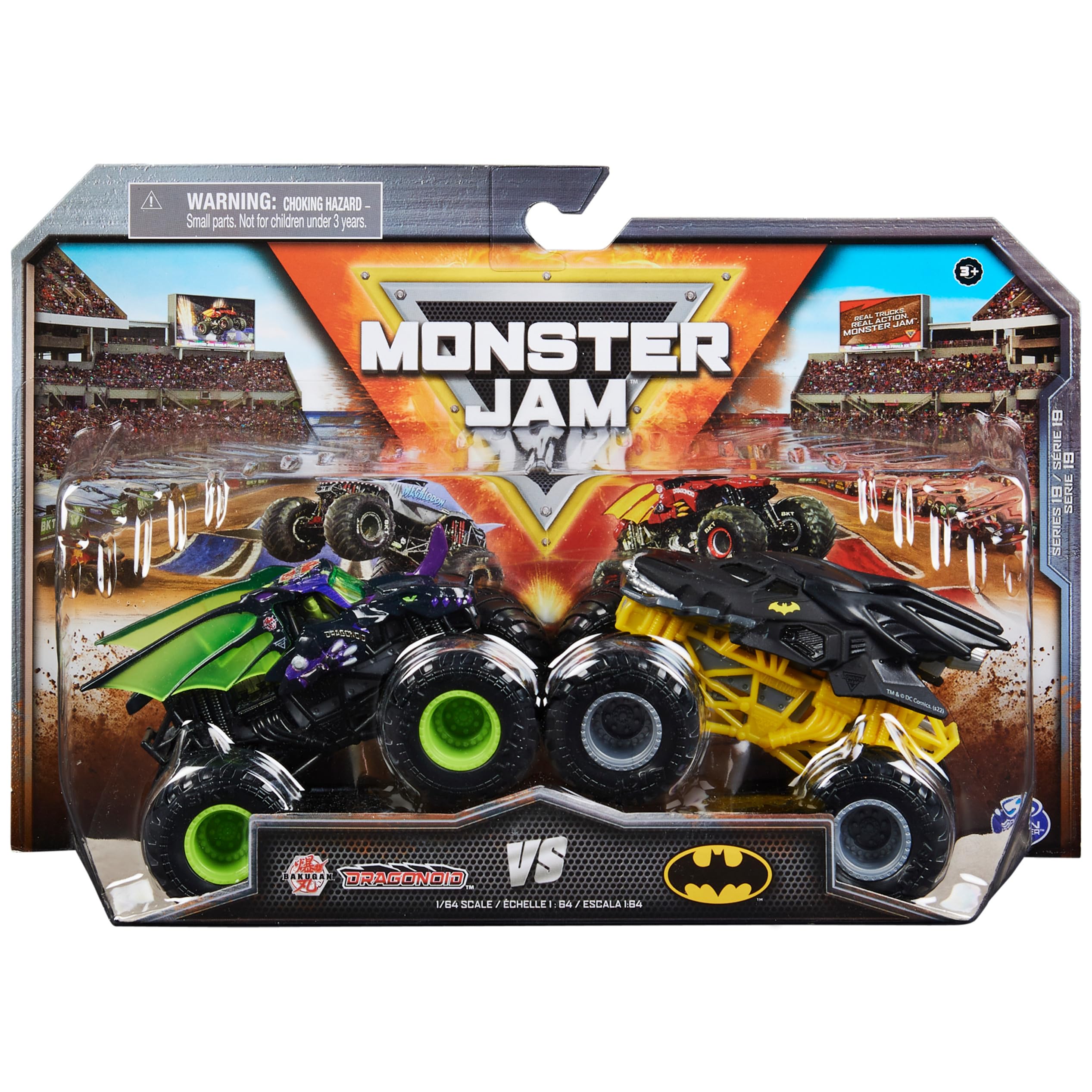 Monster Jam Dragonoid vs Batman 1:64 die-cast trucks in action for dynamic play