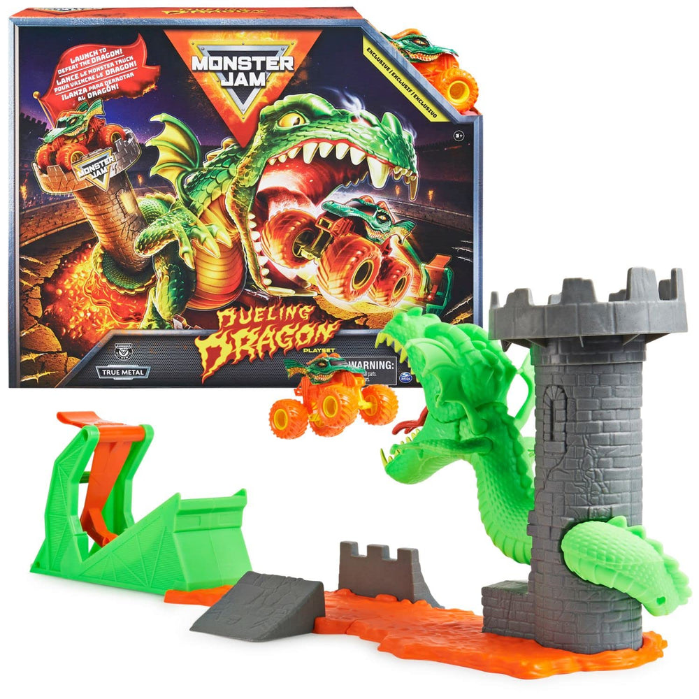 Monster Jam Dueling Dragon Playset dragon head for exciting battles and dramatic stunts.