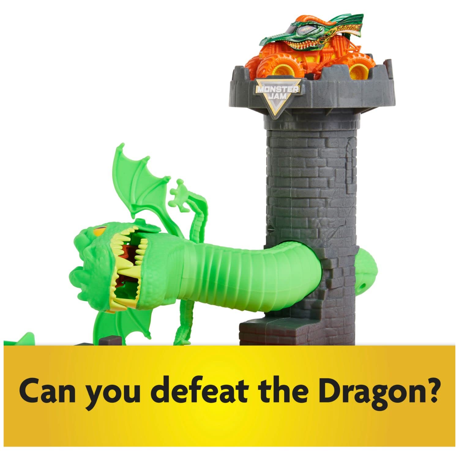 Launcher action on the playset helps kids launch trucks for dynamic play.