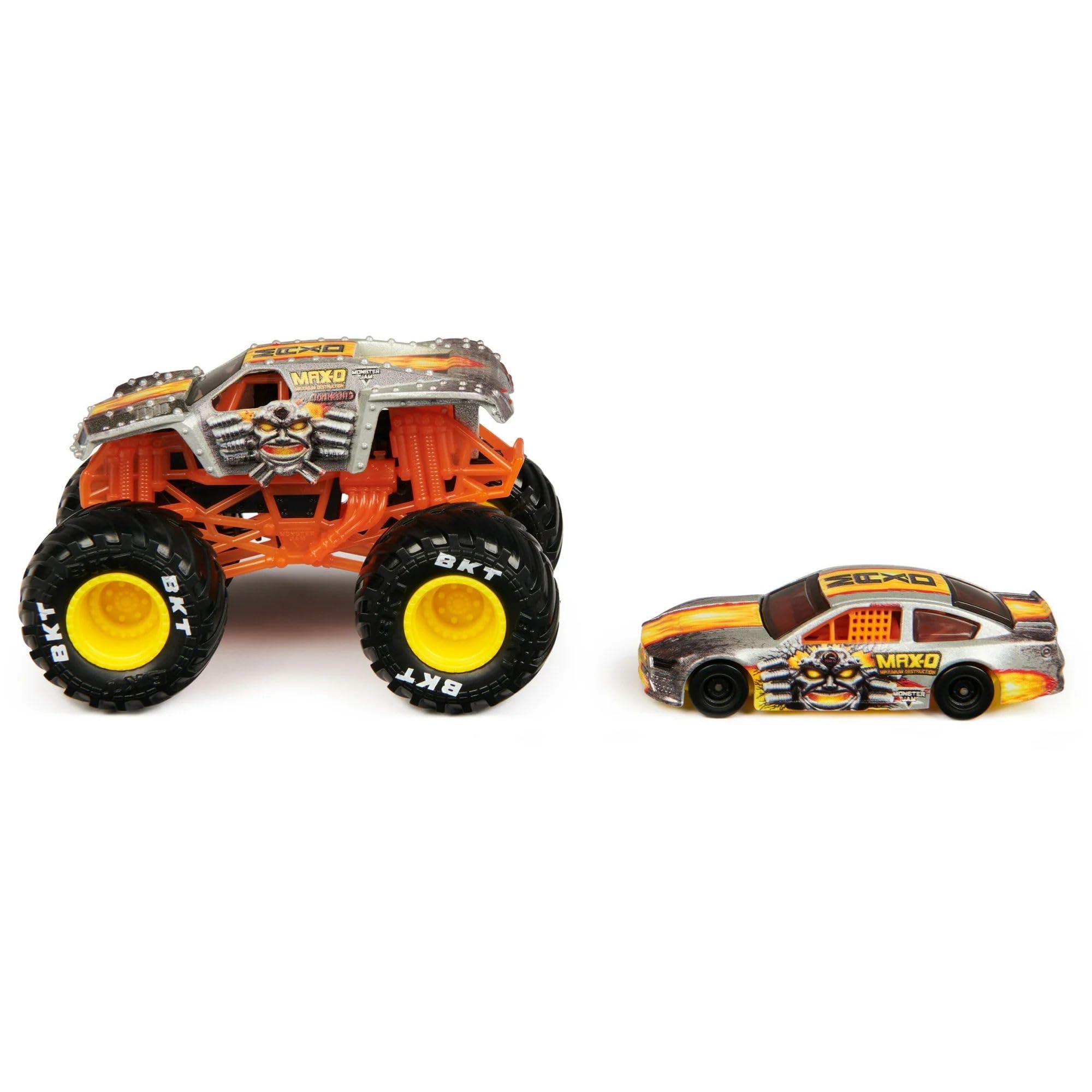 Monster Jam Earth Shaker 1:64 race car matching for coordinated stunts.