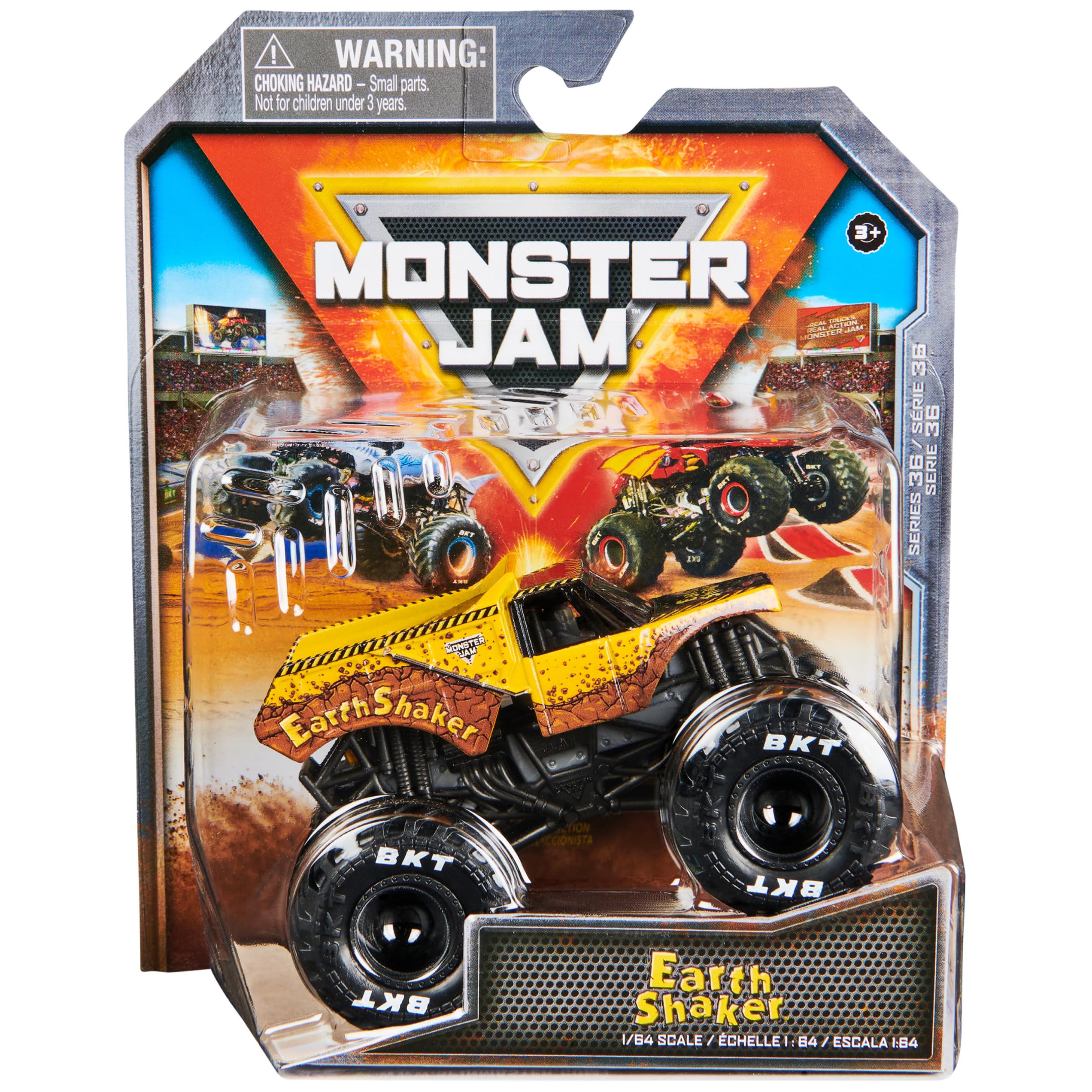 Monster Jam Earth Shaker 1:64 scale truck with authentic styling for dynamic play.