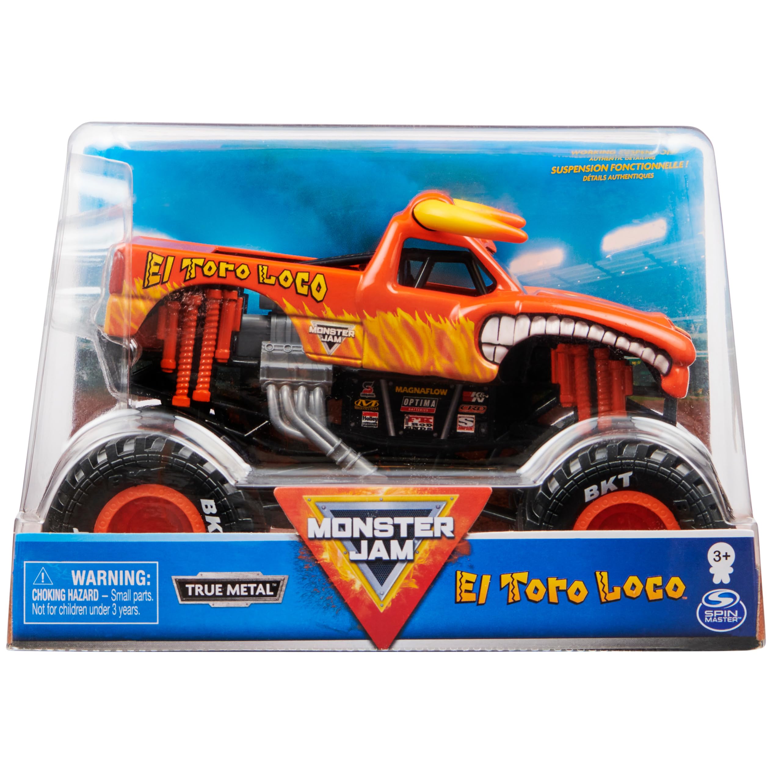 Monster Jam El Toro Loco 1:24 die-cast with chrome rims for standout display.