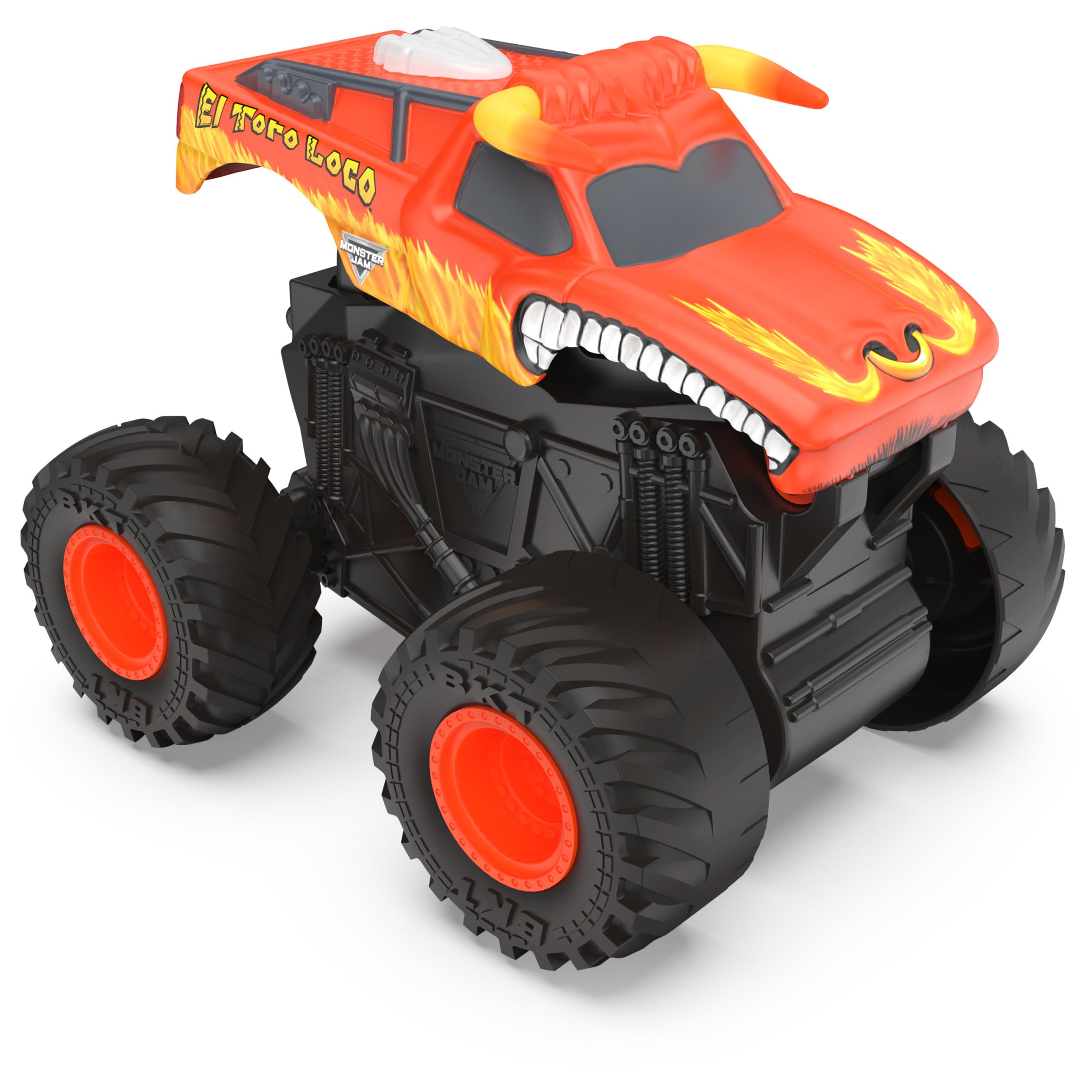 Monster Jam El Toro Loco front flip action close-up shows vibrant graphics and rugged detailing