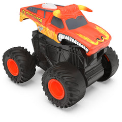 Monster Jam El Toro Loco front flip action close-up shows vibrant graphics and rugged detailing