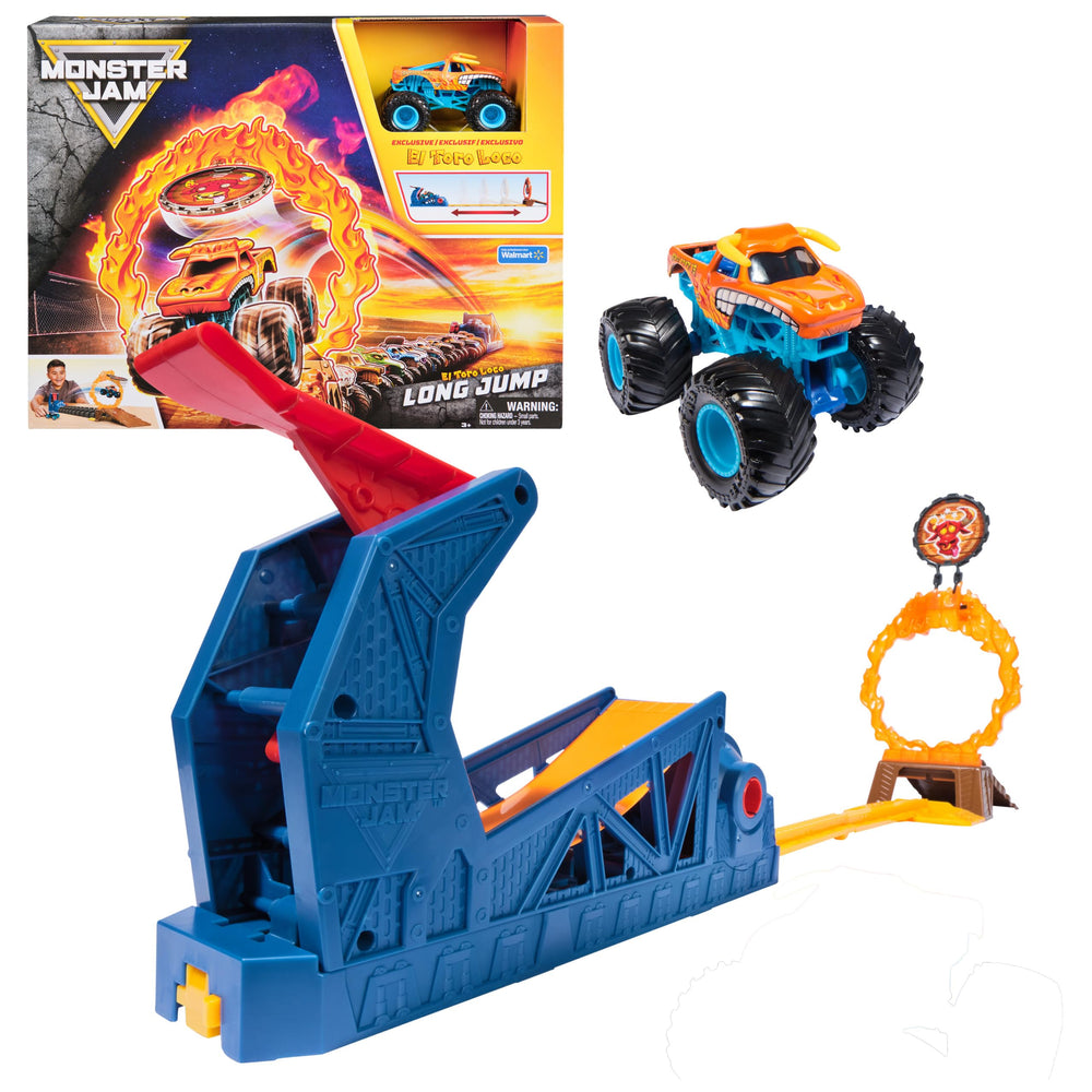 Monster Jam El Toro Loco playset box shows dramatic long jump setup for at-home action.