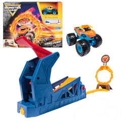Monster Jam El Toro Loco playset box shows dramatic long jump setup for at-home action.
