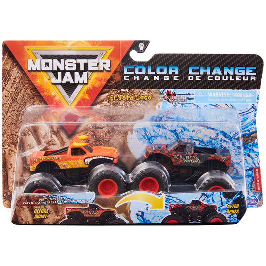 Monster Jam El Toro Loco vs Northern Nightmare color-changing die-cast trucks for interactive color reveals.