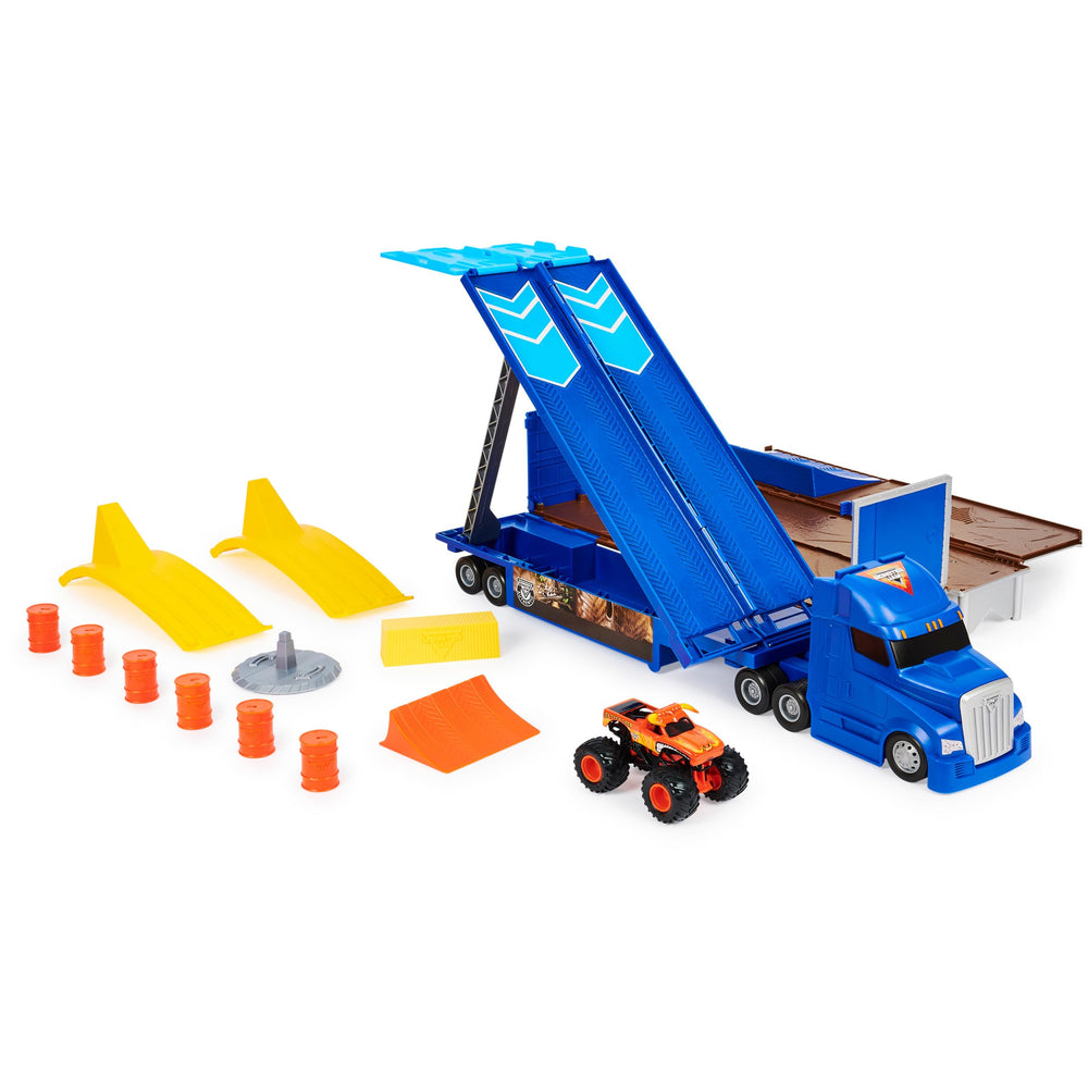 Shipping container storage fits 1:64 trucks for organization.