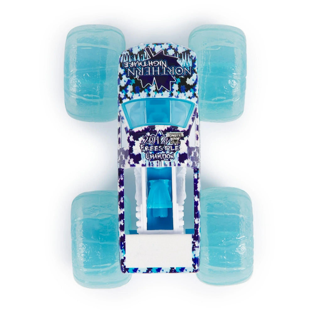 Monster Jam Fire and Ice pack close-up emphasizes collectible details for display and play.