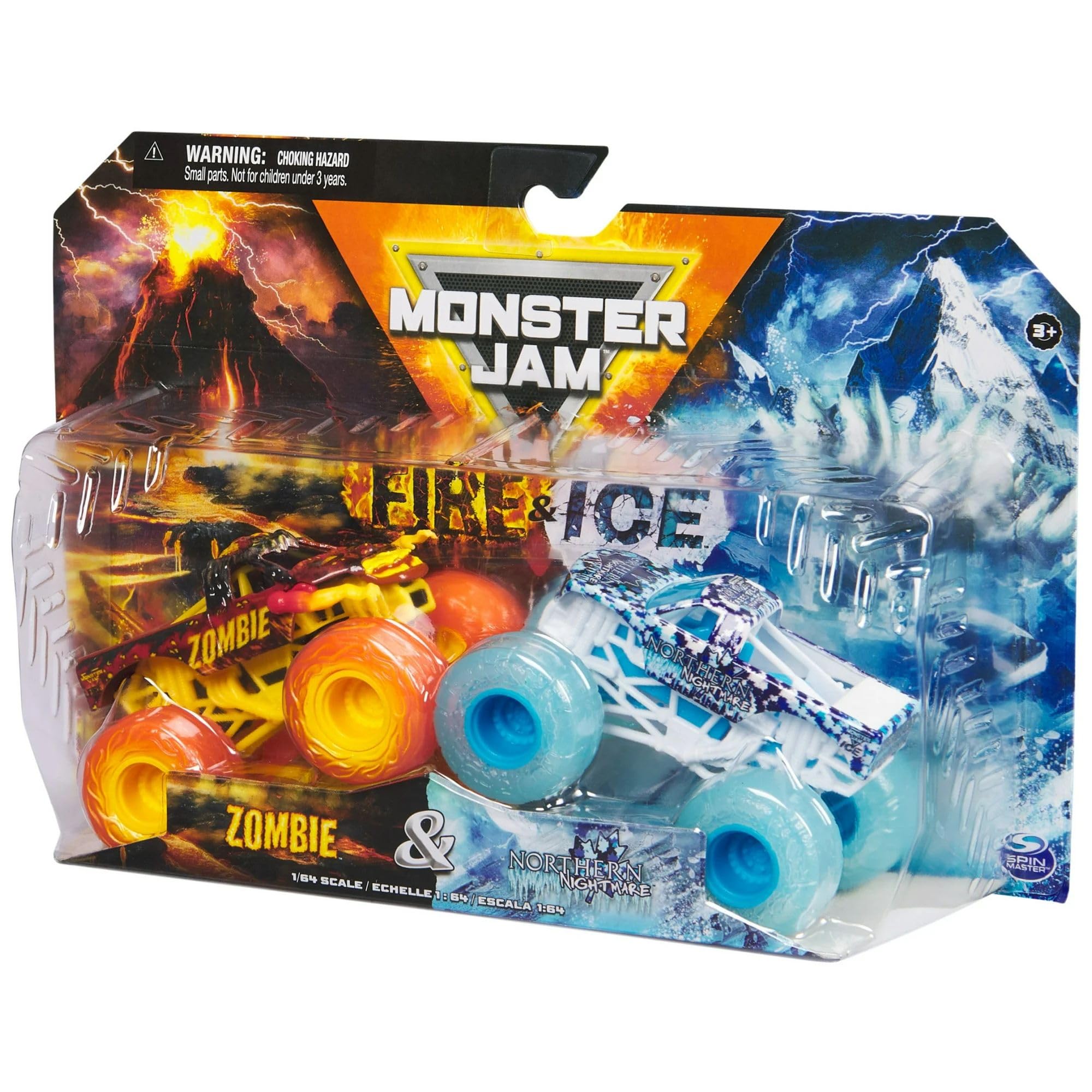 Monster Jam Fire and Ice unboxing display promotes quick setup and storytelling.