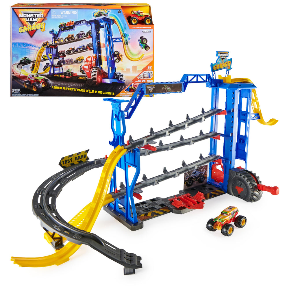 Monster Jam Garage elevator lift powers vehicle loading.