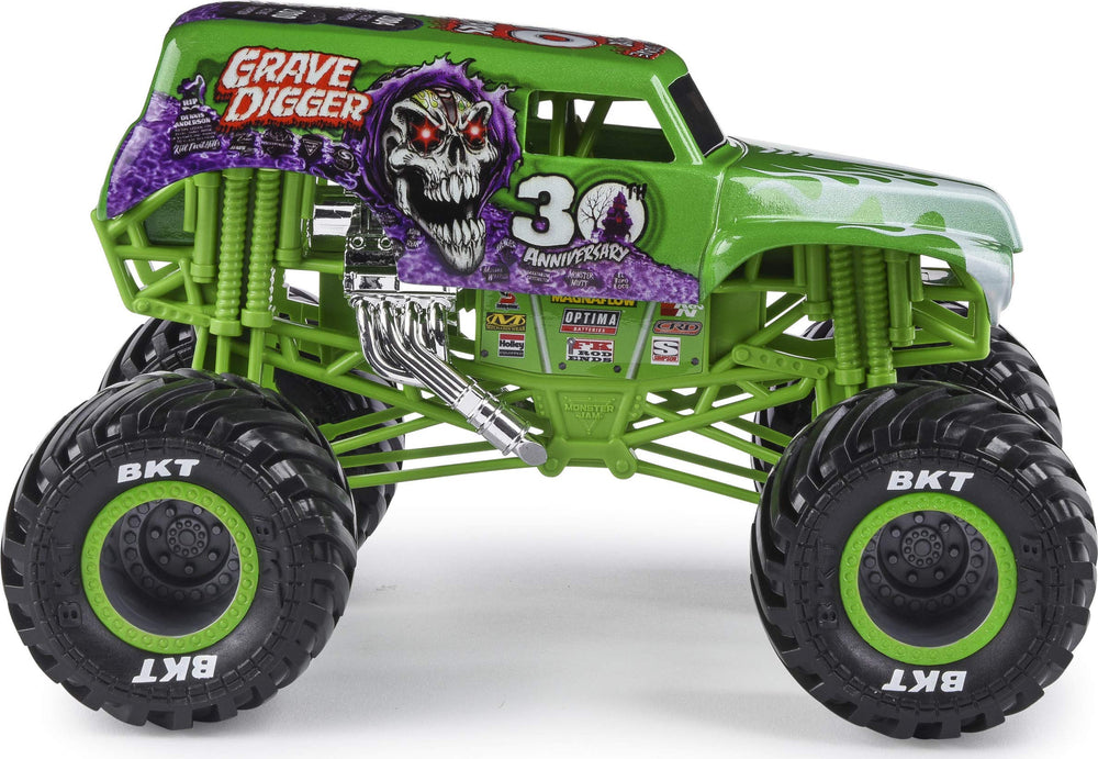 Monster Jam Grave Digger 1:24 details emphasize suspension and tire detail