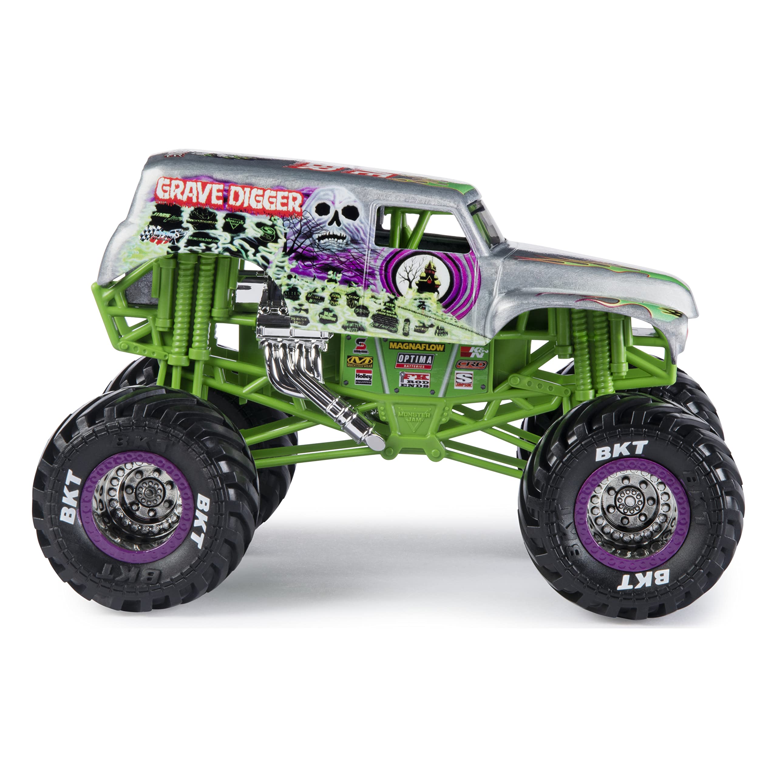 Monster Jam Grave Digger 1:24 detail cab showcases realistic suspension and authentic decals.
