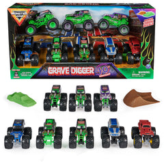 Monster Jam Grave Digger 40th Anniversary 8-Pack trucks display authentic details and chrome rims.
