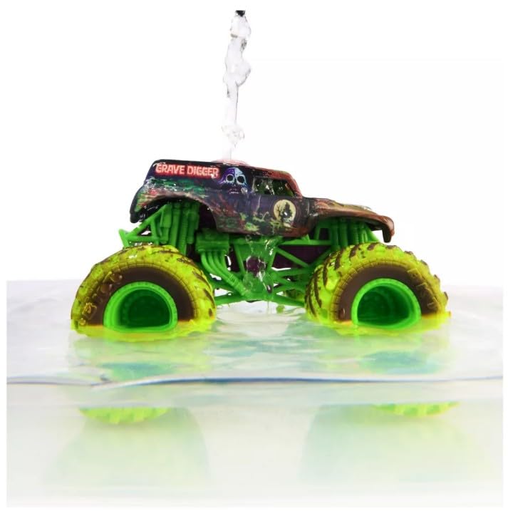 Monster Jam Grave Digger rugged die-cast detail emphasizes durable construction for rough play.