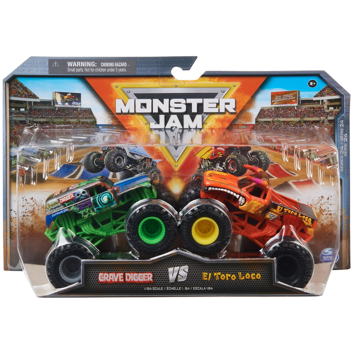 Monster Jam Grave Digger vs El Toro Loco 1:64 front view with bold graphics for display