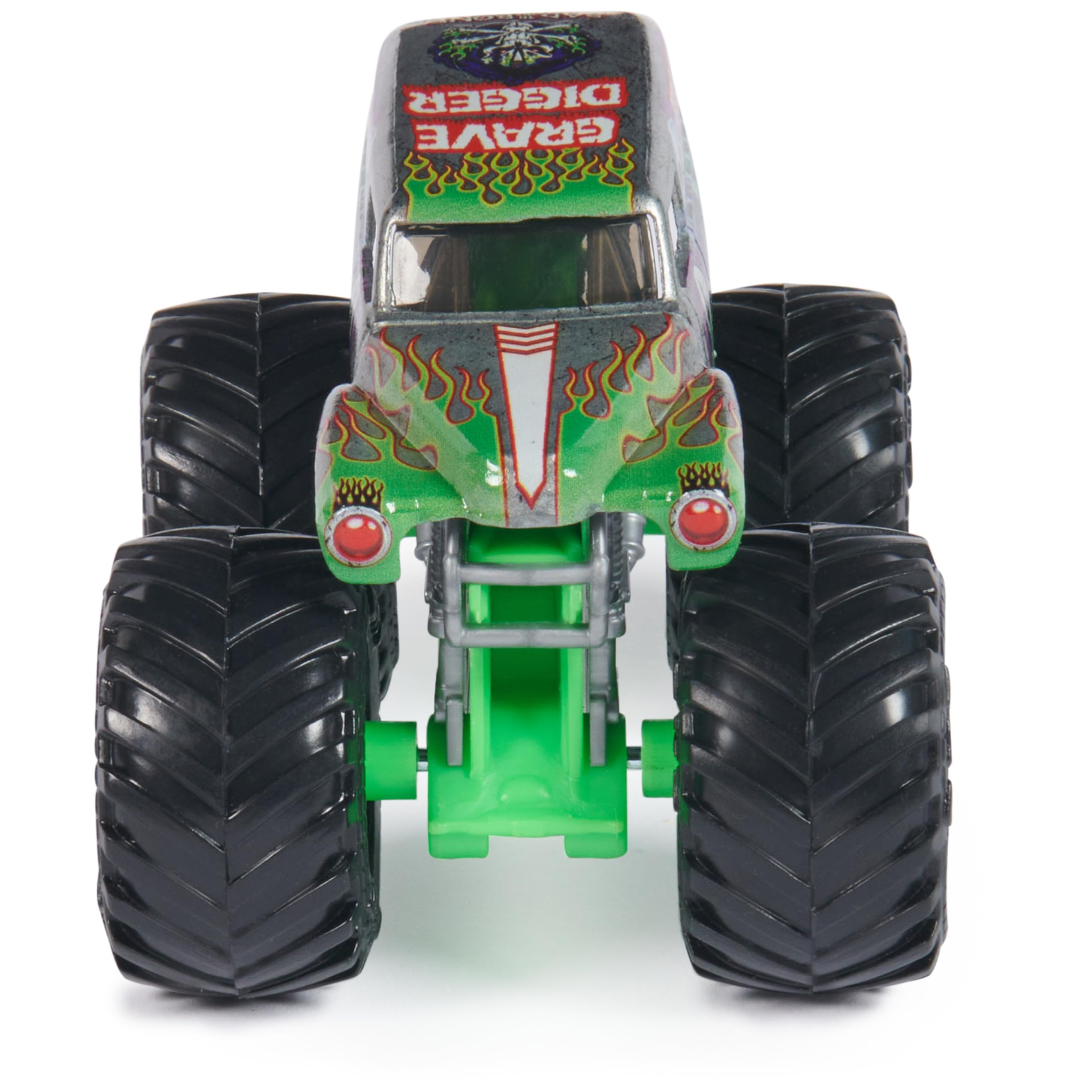 Front stunt action of Grave Digger highlighting bold design for play