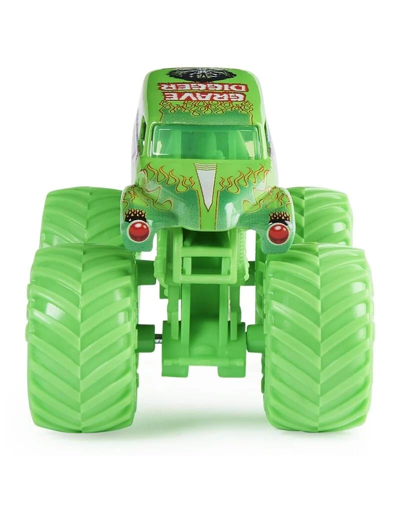Monster Jam Grave Digger Neon Green chassis side profile for collection.
