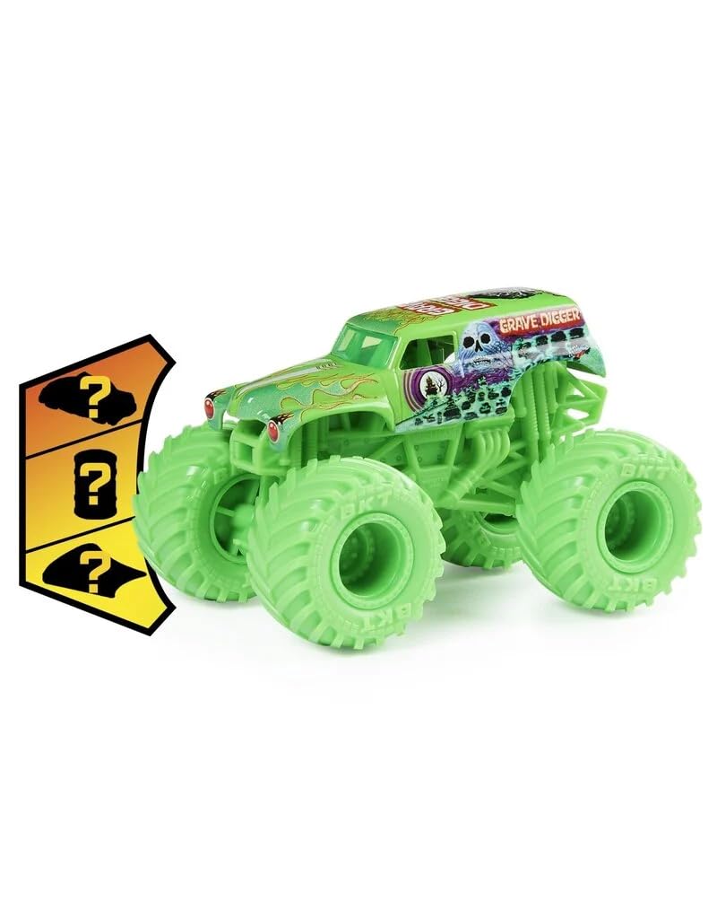 Monster Jam Grave Digger Neon Green tires detail highlighting durability.