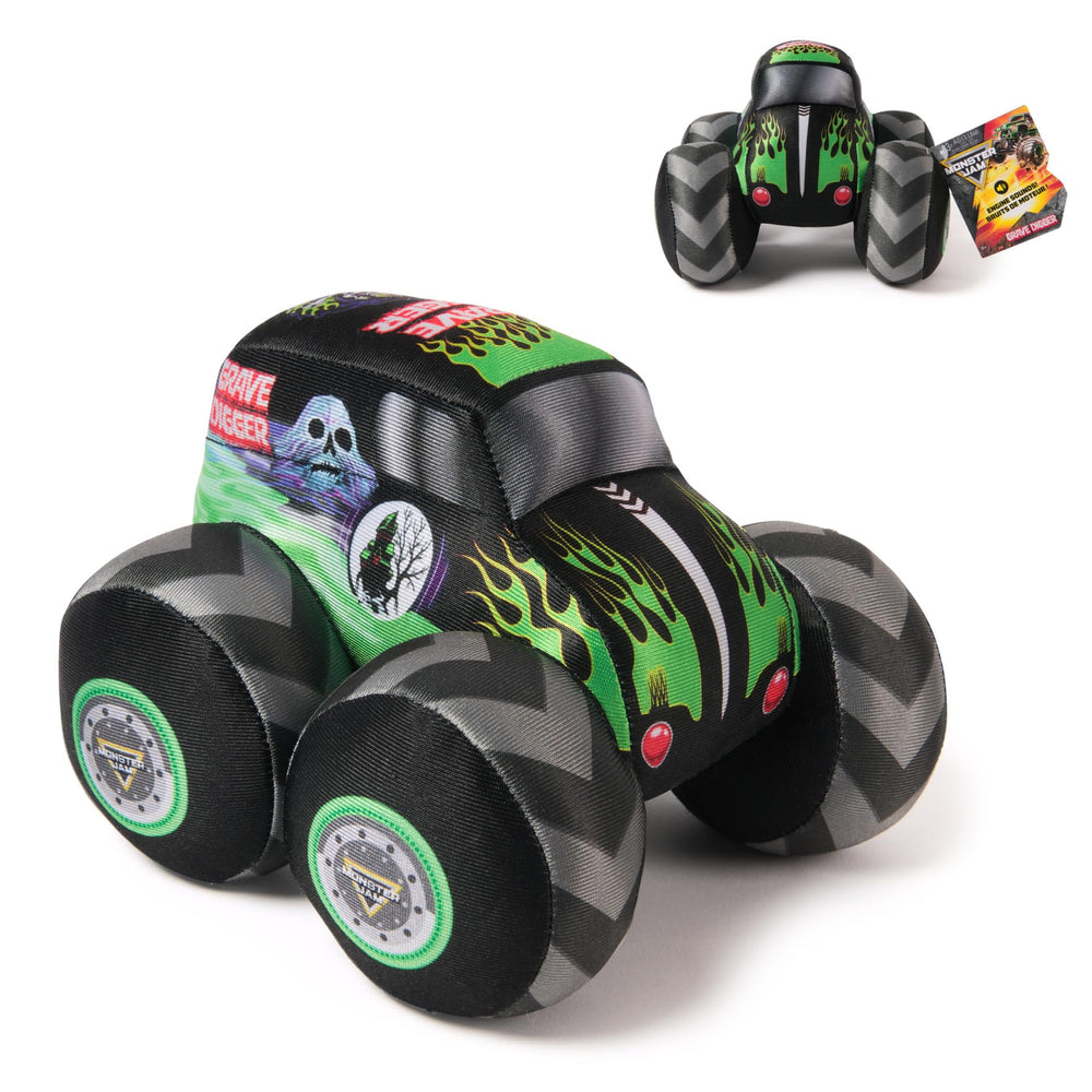 Monster Jam Grave Digger plush truck with engine sounds for interactive pretend play.