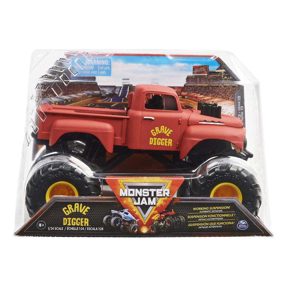 Monster Jam Grave Digger retro front view with bold decals for display and play.
