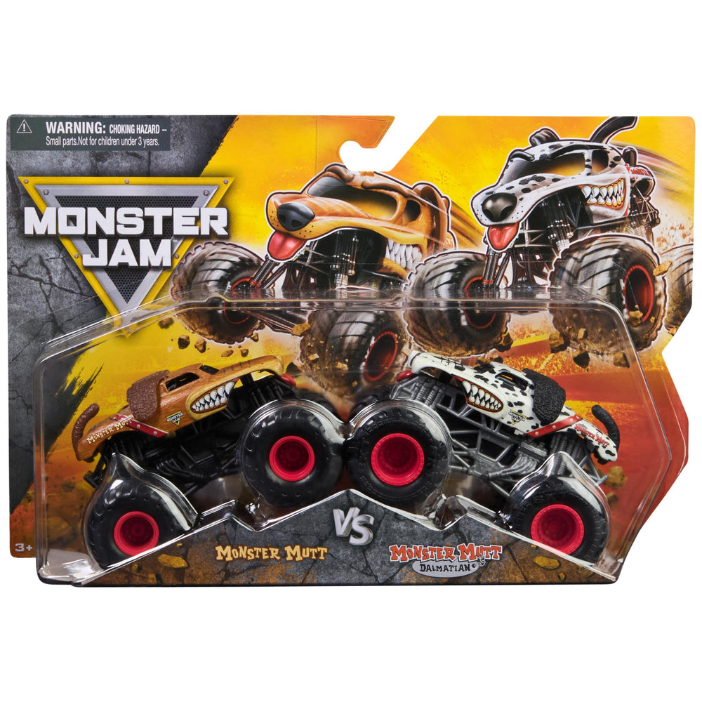Monster Jam Grave Digger vs Avenger 1:64 scale die-cast trucks ready for head-to-head action.