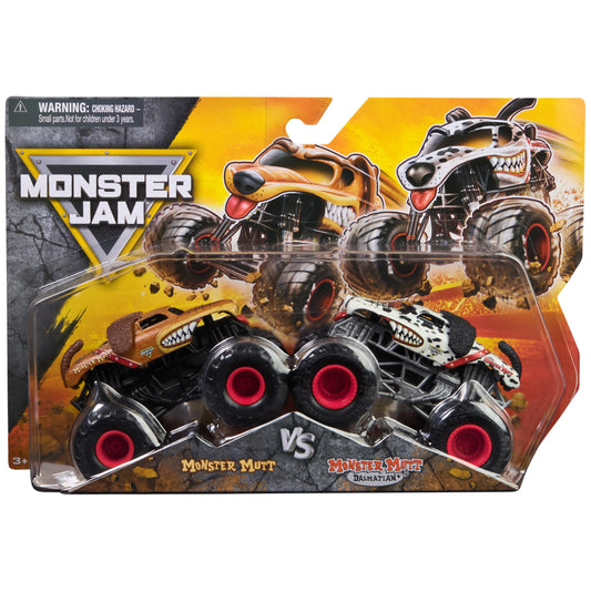Monster Jam Grave Digger vs Avenger 1:64 scale die-cast trucks ready for head-to-head action.