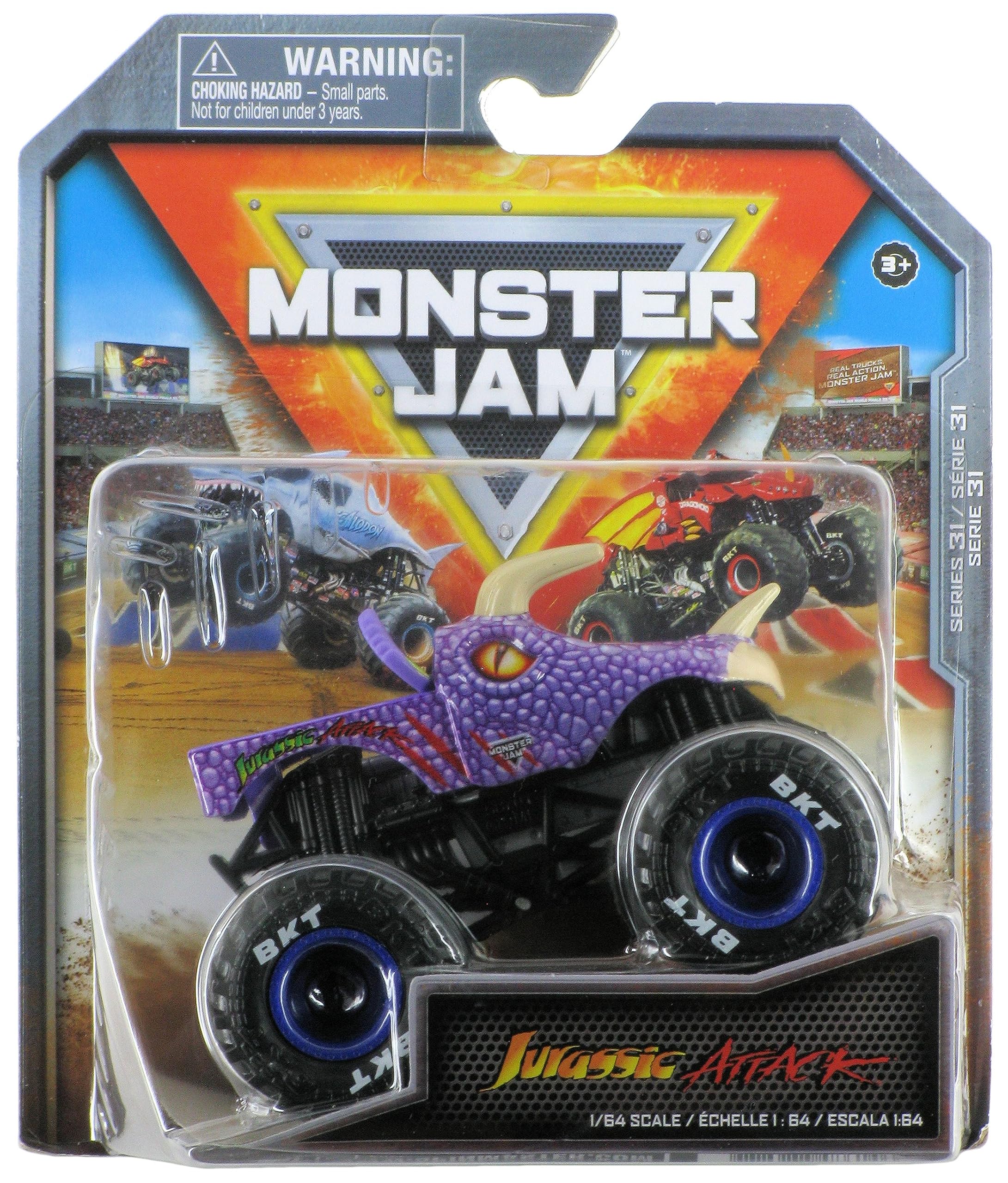 Monster Jam Jurassic Attack 1:64 front view with vivid graphics and tires.