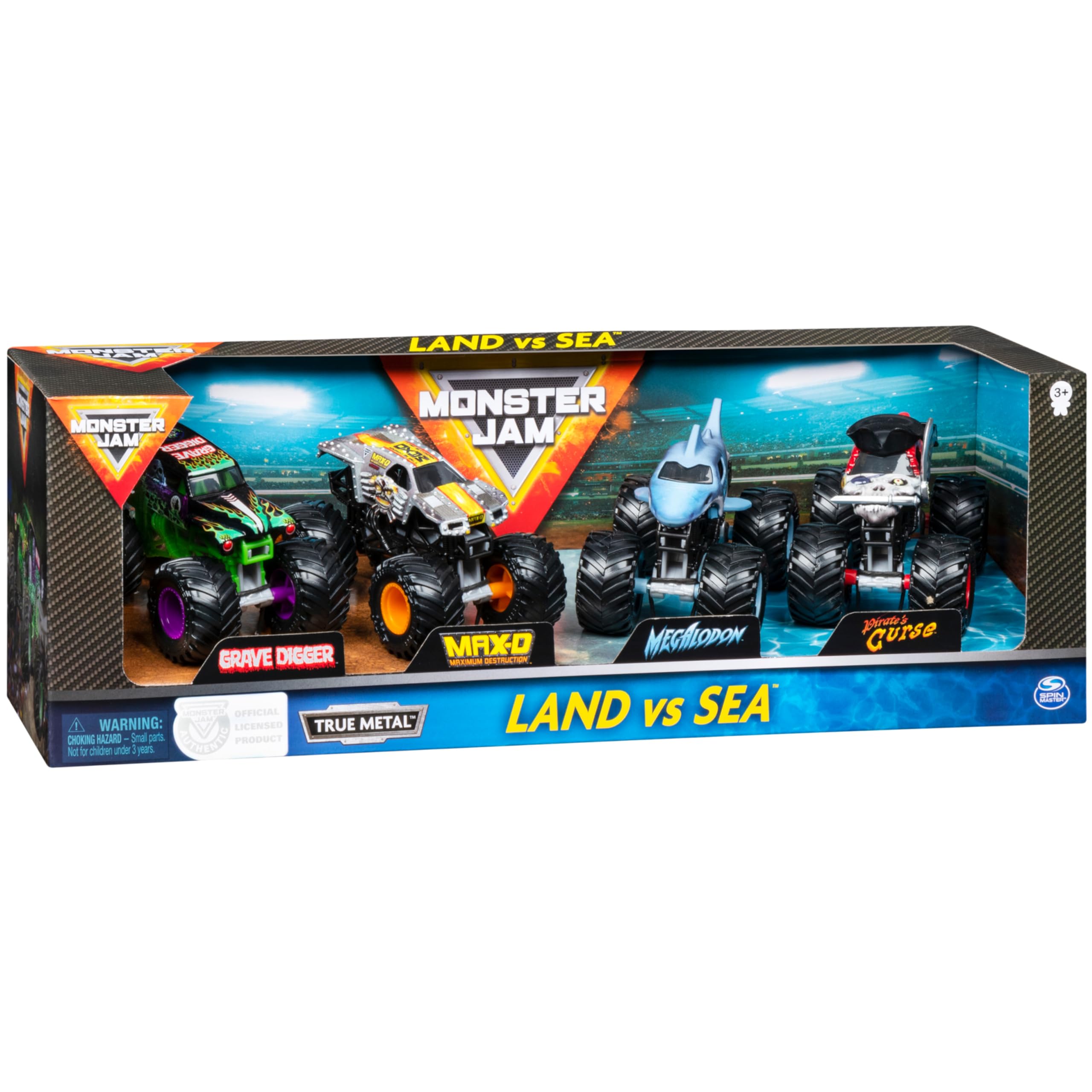 Monster Jam Land vs Sea 1:64 pack front view highlighting four trucks