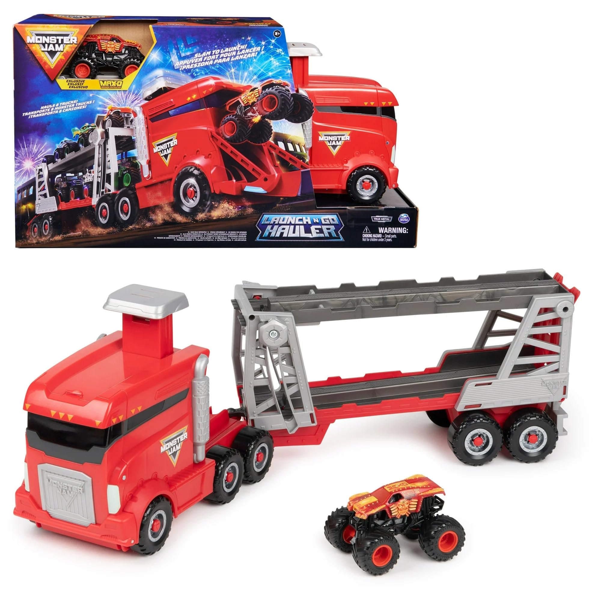 Monster Jam Launch & Go Hauler with exclusive Max-D die-cast truck for authentic play.
