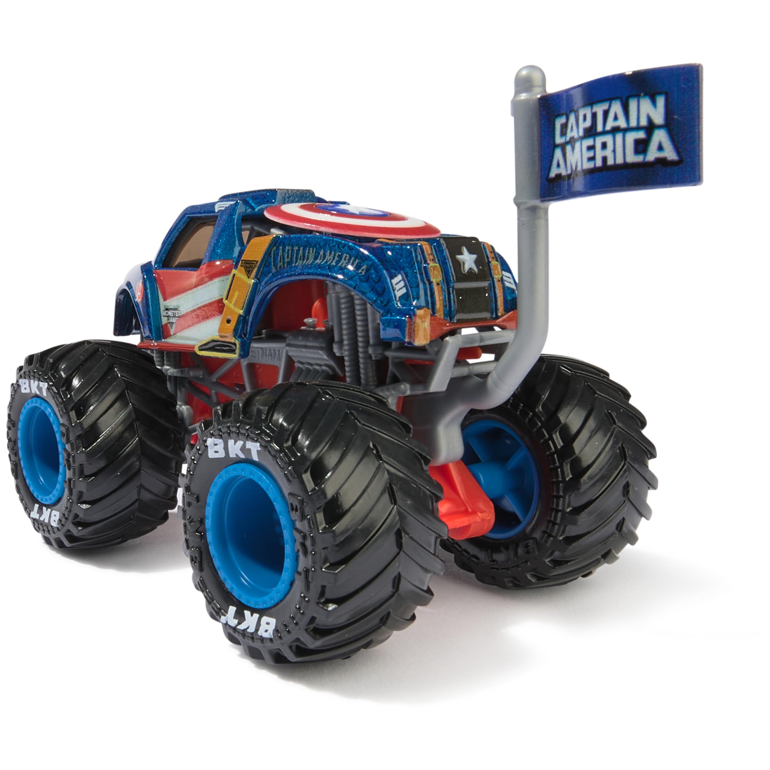 Monster Jam Marvel Captain America graphics detail with shield motif.