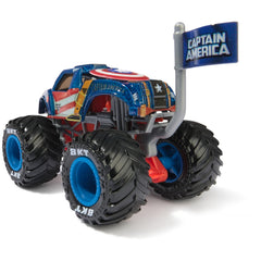 Monster Jam Marvel Captain America graphics detail with shield motif.